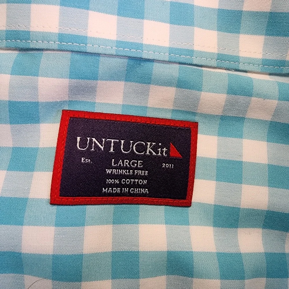 UNTUCKit Torrance Mens L Long‎ Sleeve Button Shirt Aqua Blue Gingham Check Plaid